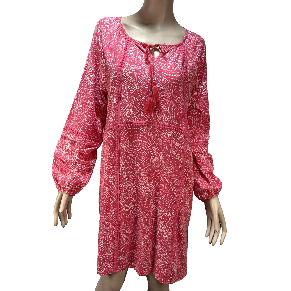 Coolibar Balandra Cover Up Dress L Coral Paisley UPF 50+ Cotton Bamboo Pockets